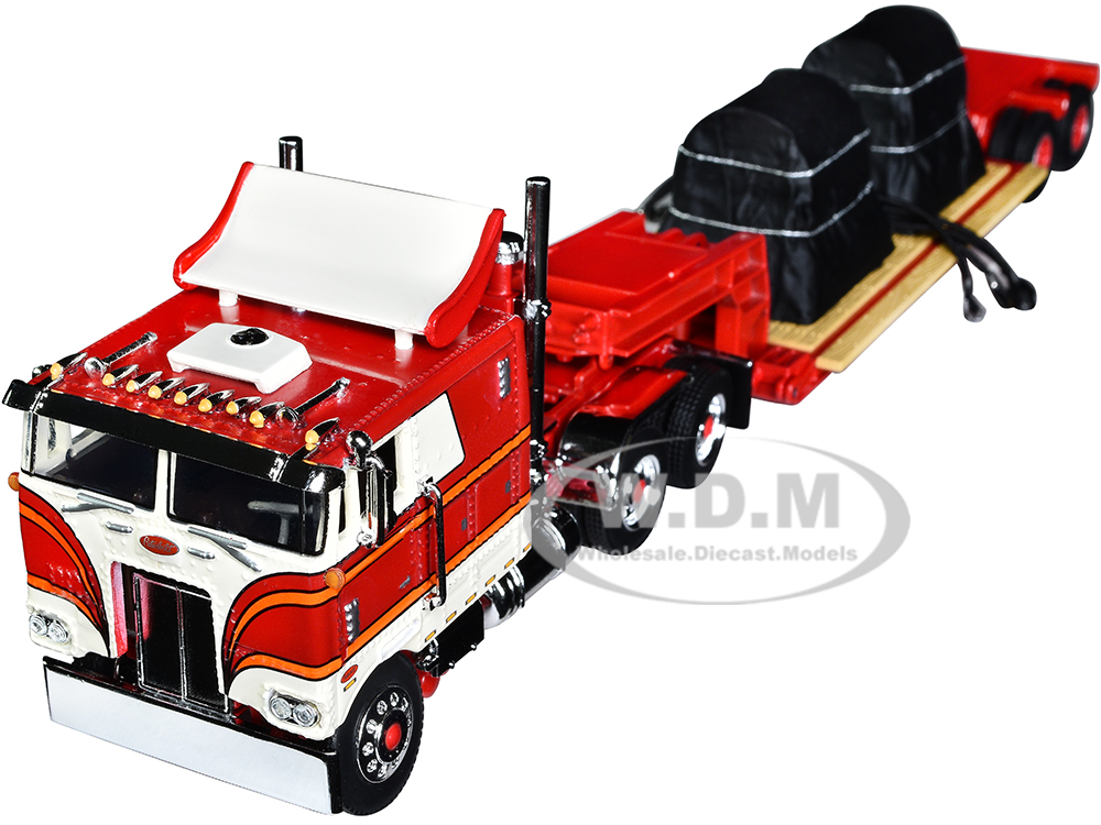 Peterbilt 352 COE 110 Sleeper with Turbo Wing and Rogers Vintage Lowboy Trailer with Coil Load Cream and Red 1/64 Diecast Model by DCP/First Gear