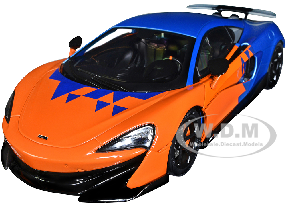 2019 McLaren 600LT Blue Metallic and Orange Formula One Team Tribute Livery 1/18 Diecast Model Car by Solido