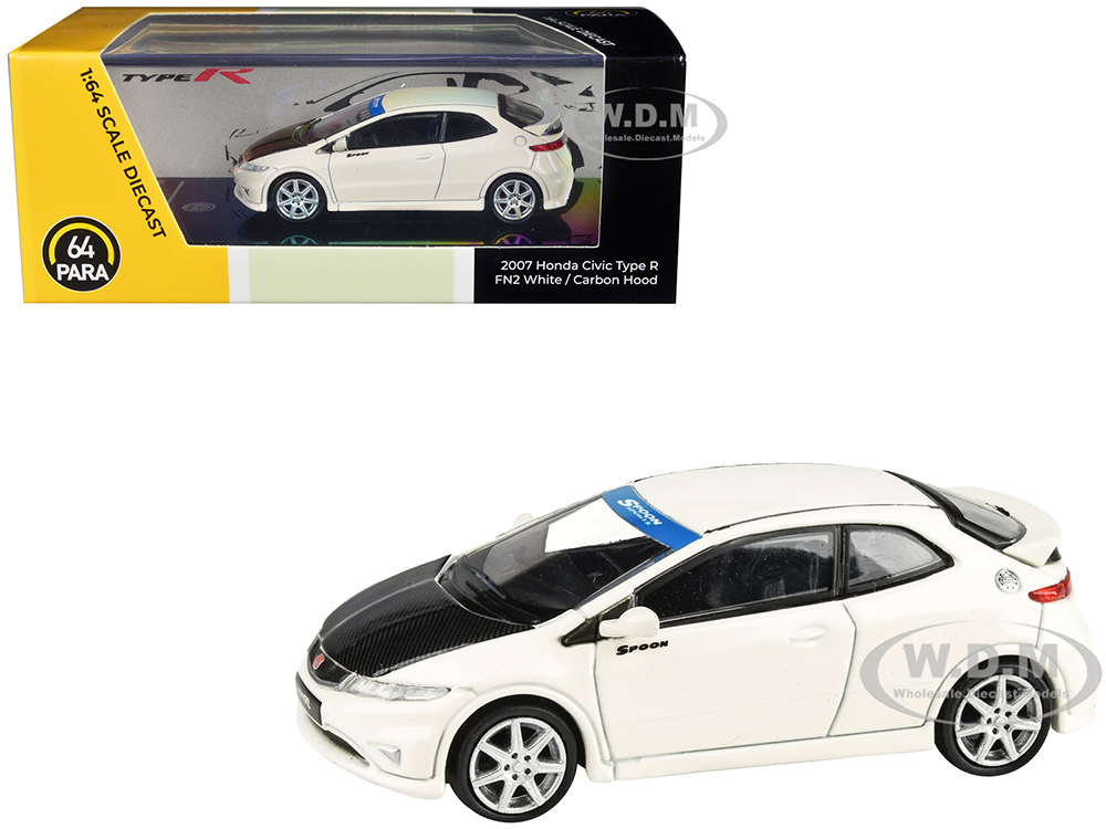 2007 Honda Civic Type R FN2 Championship White with Carbon Hood 1/64 Diecast Model Car by Paragon Models