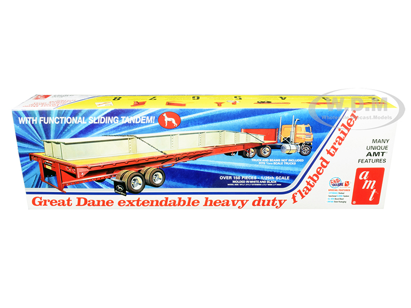 Skill 3 Model Kit Great Dane Extendable Heavy Duty Flat Bed Trailer With Functional Sliding Tandem 1/25 Scale Model By AMT