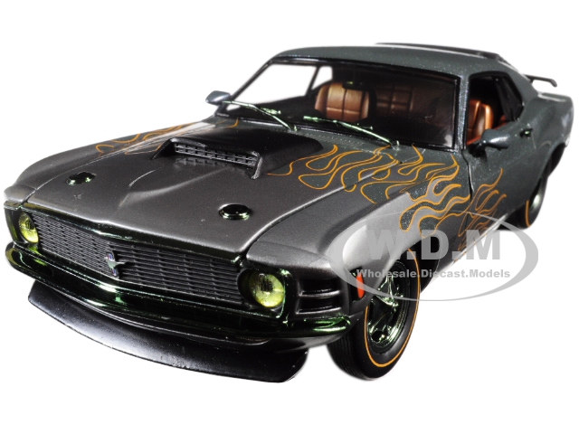 1970 Ford Mustang Boss 429 Charcoal Metallic With Flames 1/24 Diecast Model Car By M2 Machines
