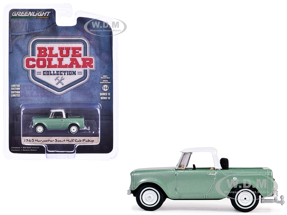 1965 Harvester Scout Half Cab Pickup Truck Aspen Green Metallic with White Top Blue Collar Collection Series 13 1/64 Diecast Model Car by Greenlight