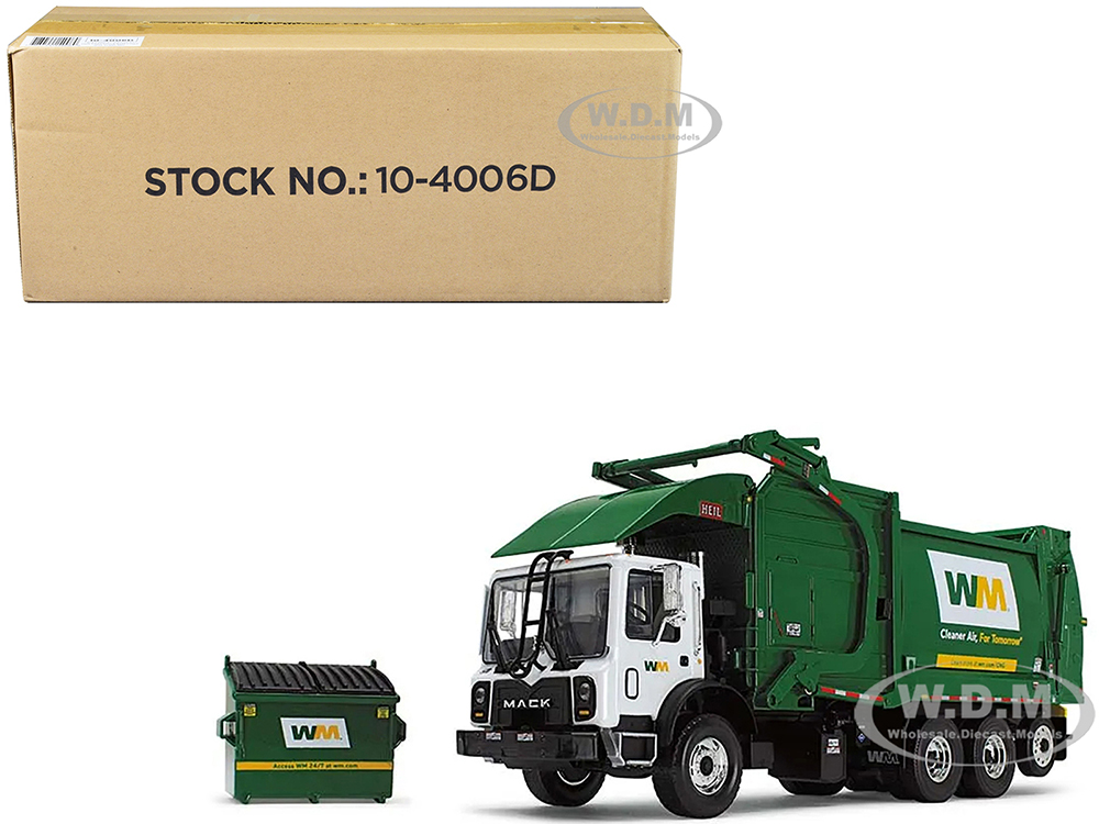 Mack TerraPro Waste Management Refuse Garbage Truck with Heil Half/Pack Freedom Front End Loader and CNG Tailgate White and Green with Garbage Bin 1/34 Diecast Model by First Gear