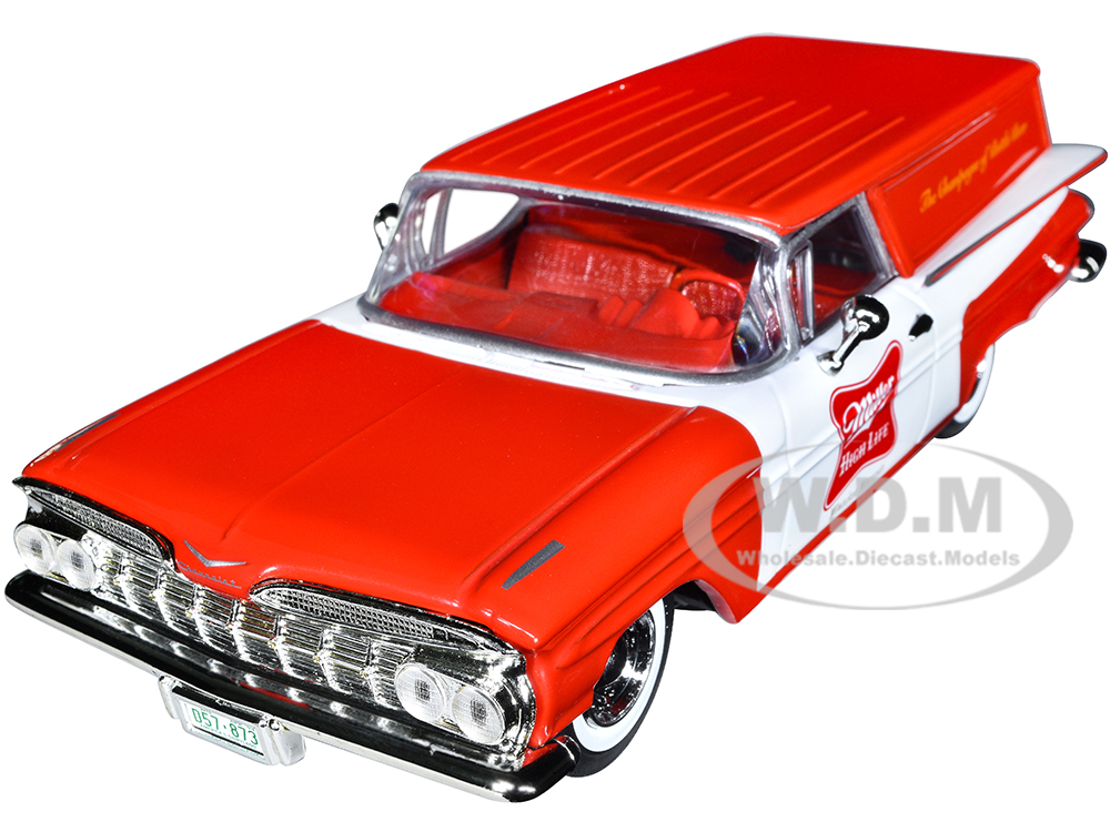 1959 Chevrolet Sedan Delivery Car Red and White "Miller High Life The Champagne of Beers" 1/24 Diecast Model Car by Auto World