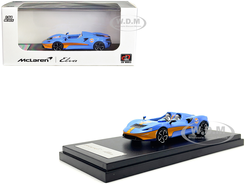 McLaren Elva Convertible Light Blue With Orange Accents Gulf Oil 1/64 Diecast Model Car By LCD Models