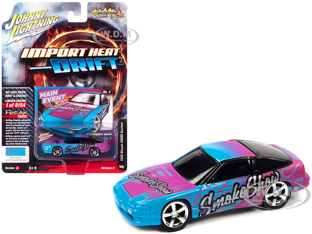 1990 Nissan 240SX Custom Bright Cyan Blue with Magenta Flames Smoke Show Import Hear Drift Series Limited Edition to 8154 pieces Worldwide 1/64 Diecast Model Car by Johnny Lightning