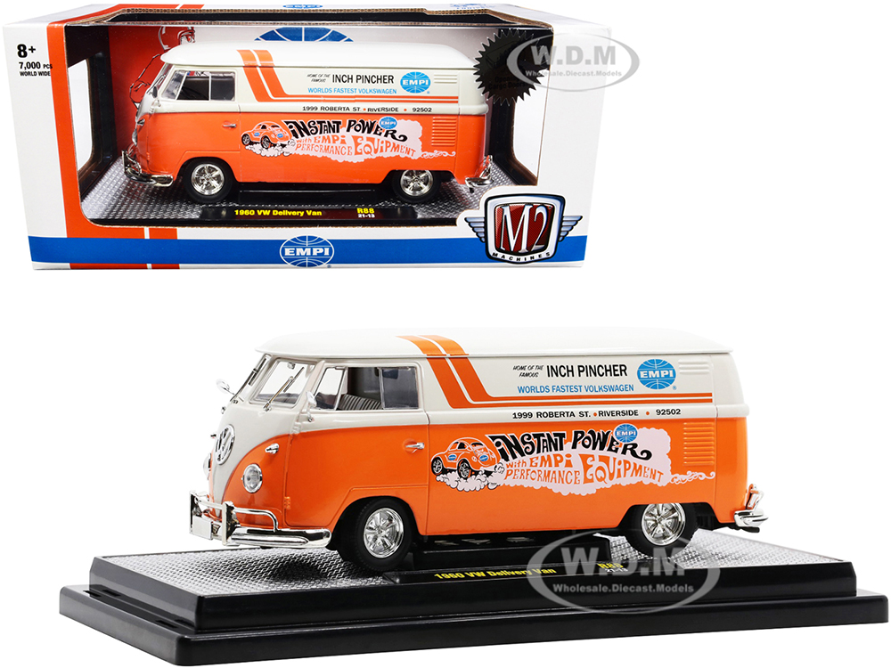 1960 Volkswagen Delivery Van EMPI Orange and Cream Limited Edition to 7000 pieces Worldwide 1/24 Diecast Model by M2 Machines