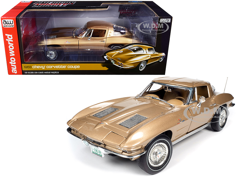 Image of 1963 Chevrolet Corvette Stingray Coupe Saddle Tan Metallic 1/18 Diecast Model Car by Autoworld