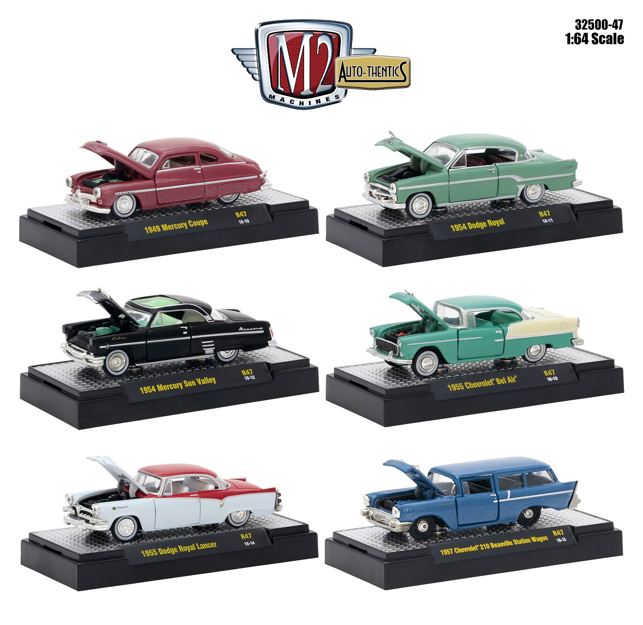 Auto Thentics 6 Piece Set Release 47 In Display Cases 1/64 Diecast Model Cars By M2 Machines