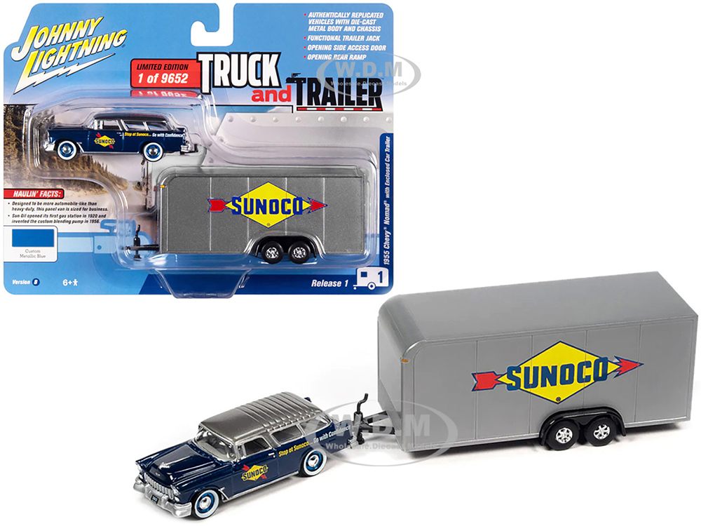 1955 Chevrolet Nomad "Sunoco" Blue Metallic with Gray Top with Enclosed Car Trailer Limited Edition to 9652 pieces Worldwide "Truck and Trailer" Seri