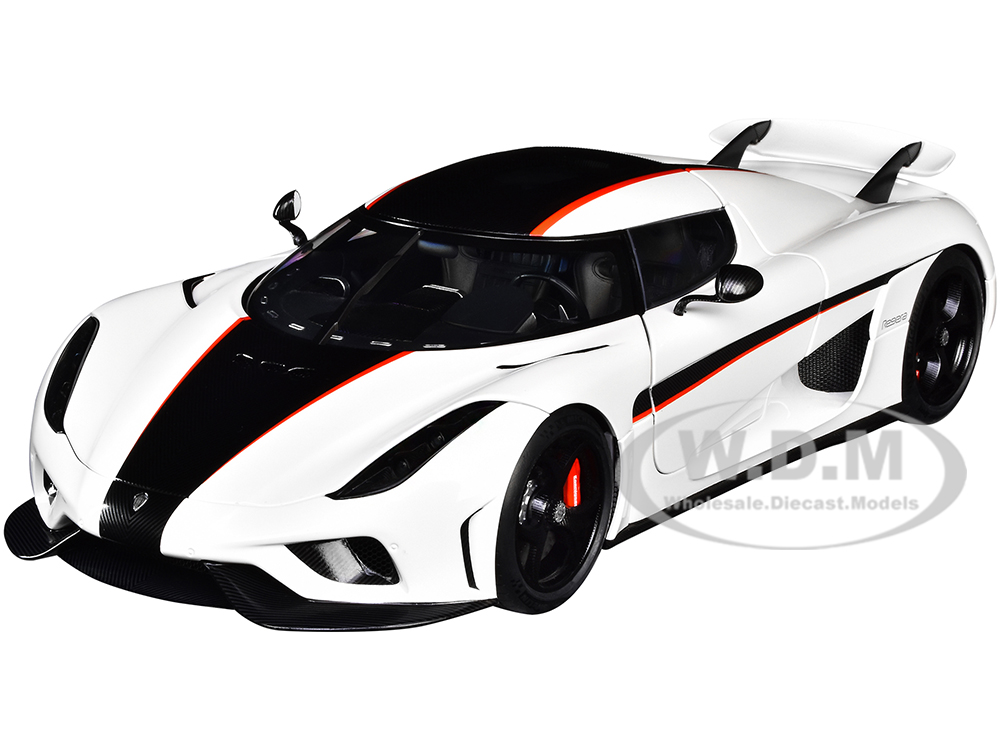 Koenigsegg Regera White with Black Carbon and Red Stripes 1/18  Model Car by Autoart