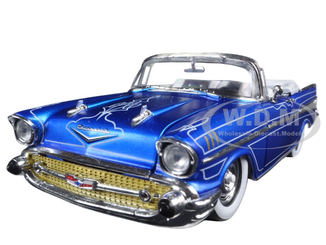 1957 Chevrolet Bel Air Convertible Satin Blue With White "tom Kelly Special Edition" 1/24 Diecast Model Car By M2 Machines