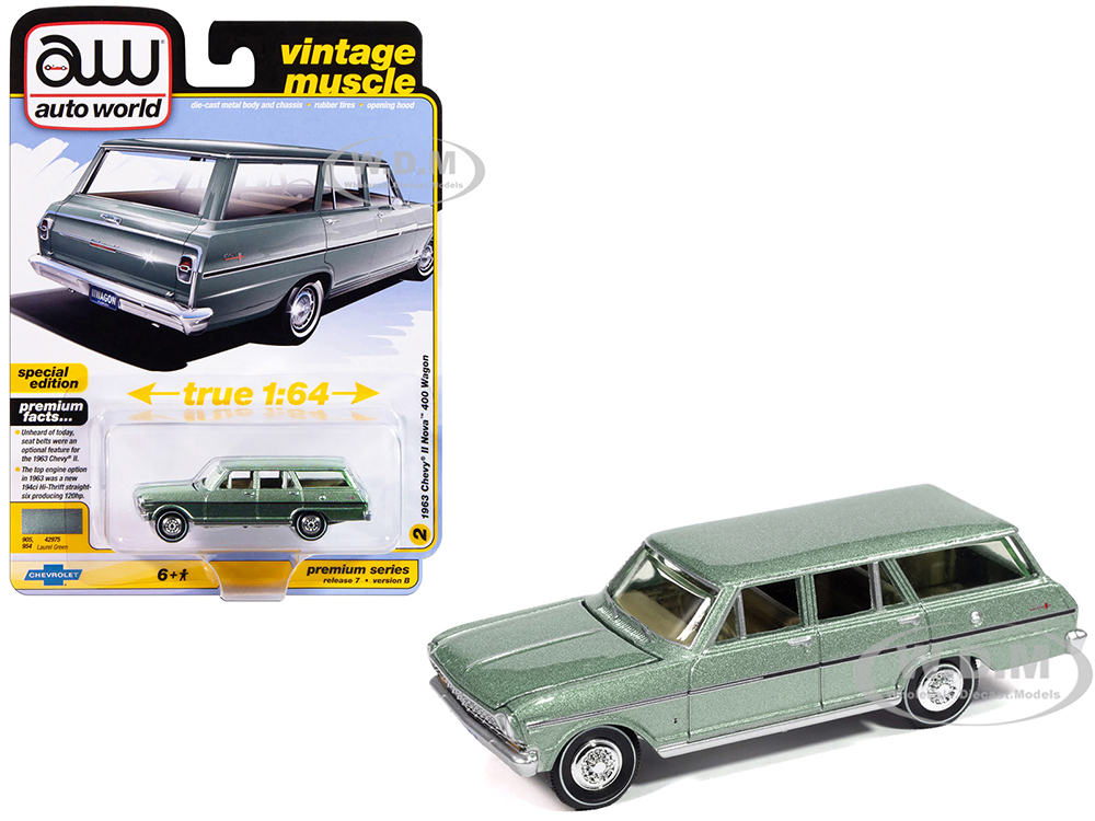 1963 Chevrolet II Nova 400 Wagon Laurel Green Metallic Vintage Muscle Series 1/64 Diecast Model Car by Auto World