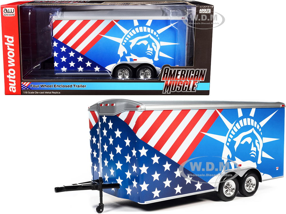 Four Wheel Enclosed Car Trailer Patriotic with Graphics for 1/18 Scale Model Cars by Auto World