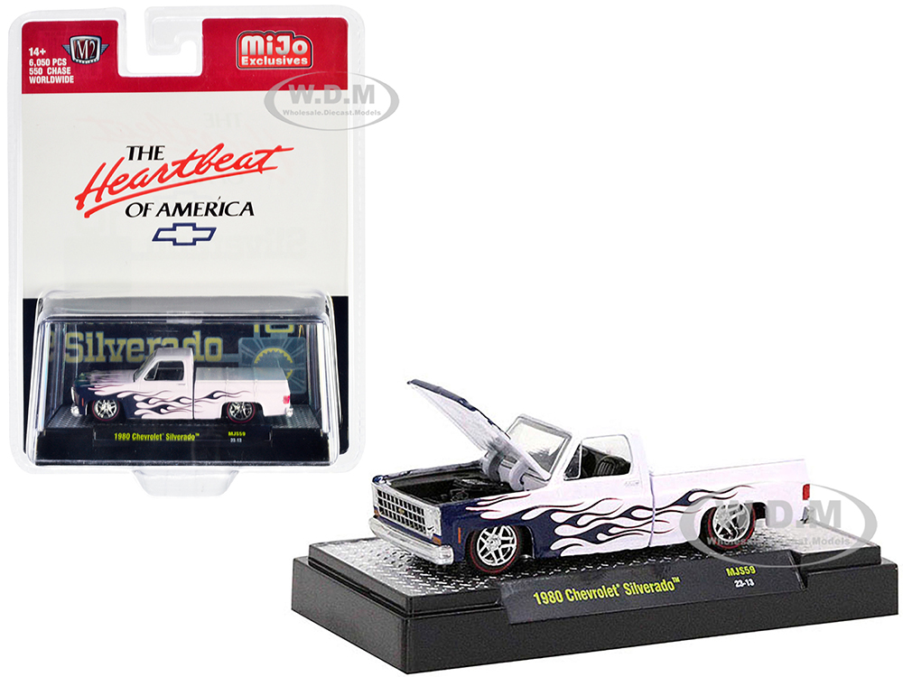 1980 Chevrolet Silverado Pickup Truck White with Blue Flames The Heartbeat of America Limited Edition to 6050 pieces Worldwide 1/64 Diecast Model Car by M2 Machines