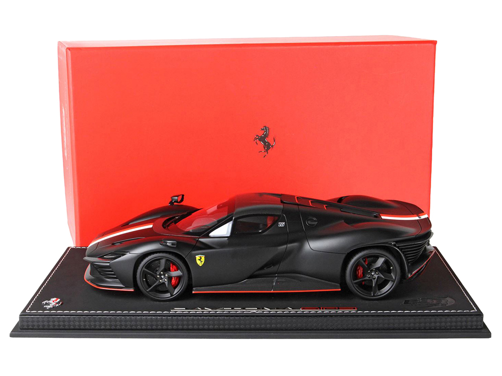 Ferrari SP3 Daytona Icona Series Matt Black with Red and White Stripes #16 Charles Leclerc with DISPLAY CASE Limited Edition to 146 pieces Worldwide 1/18 Model Car by BBR
