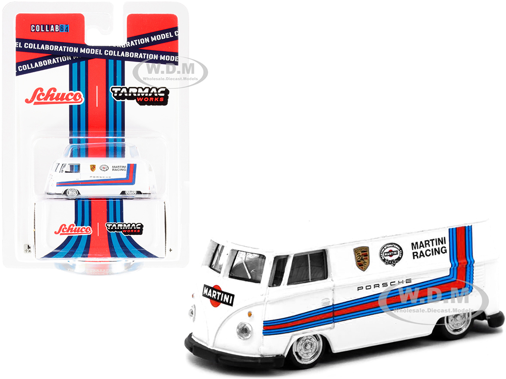 Volkswagen T1 Van Low Ride Height White with Stripes Martini Racing Collaboration Model 1/64 Diecast Model Car by Schuco &amp; Tarmac Works