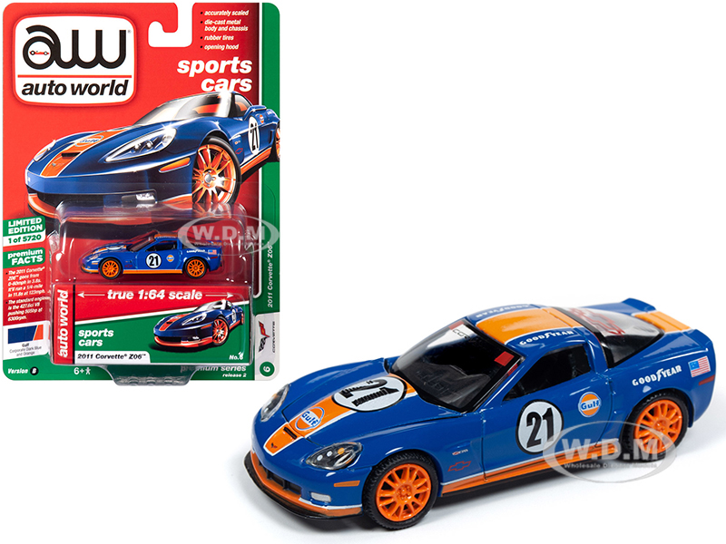 Image of 2011 Chevrolet Corvette Z06 21 "Gulf Oil" Dark Blue with Orange Stripes "Sports Cars" Limited Edition to 5720 pieces Worldwide 1/64 Diecast Model Car