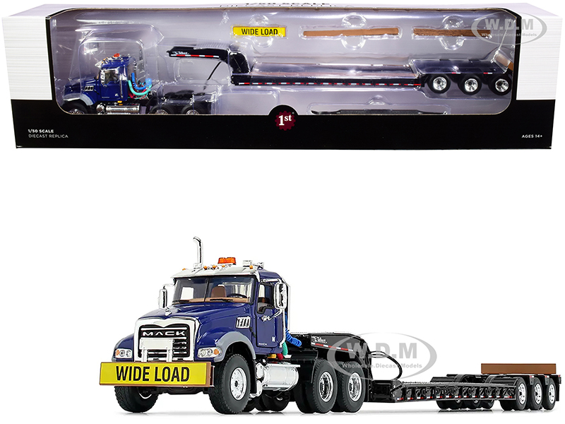 Image of Mack Granite MP Tandem-Axle Day Cab with Talbert Tri-Axle Lowboy Trailer Mack Blue and Black 1/50 Diecast Model by First Gear