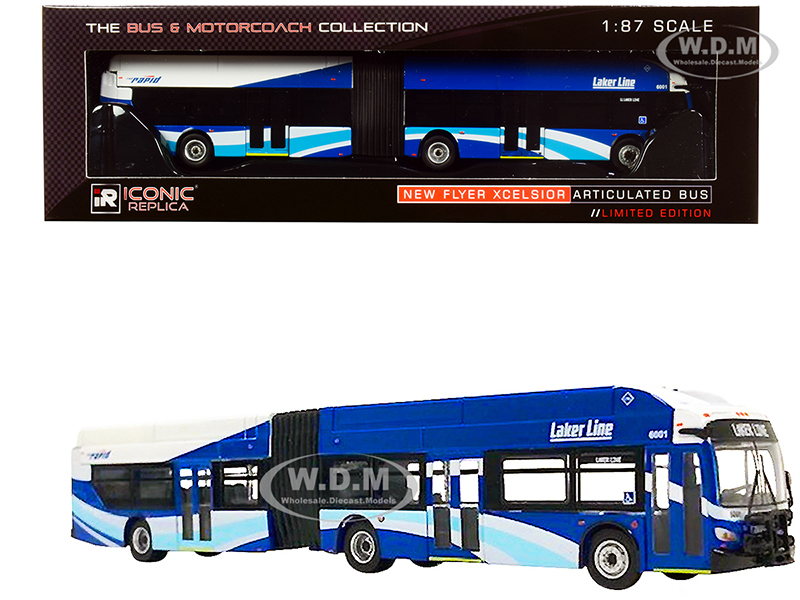 New Flyer Xcelsior XN60 Articulated Bus The Rapid Laker Line (Grand Rapids Michigan) Blue and White The Bus & Motorcoach Collection 1/87 (HO) Diecast Model by Iconic Replicas