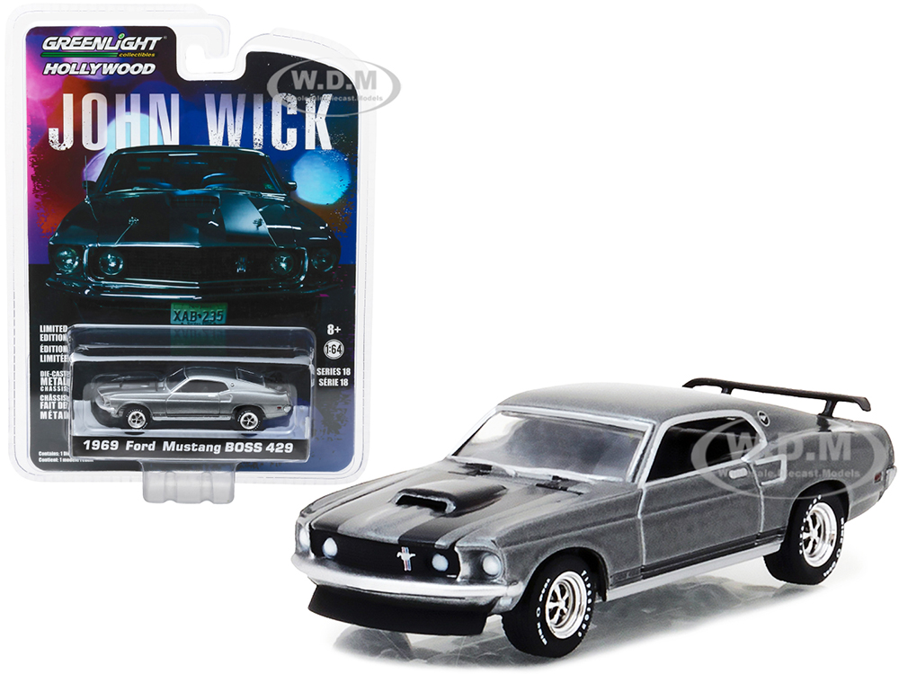 1969 Ford Mustang Boss 429 Gray Metallic with Black Stripes "John Wick" (2014) Movie "Hollywood Series" Release 18 1/64 Diecast Model Car by Greenlig