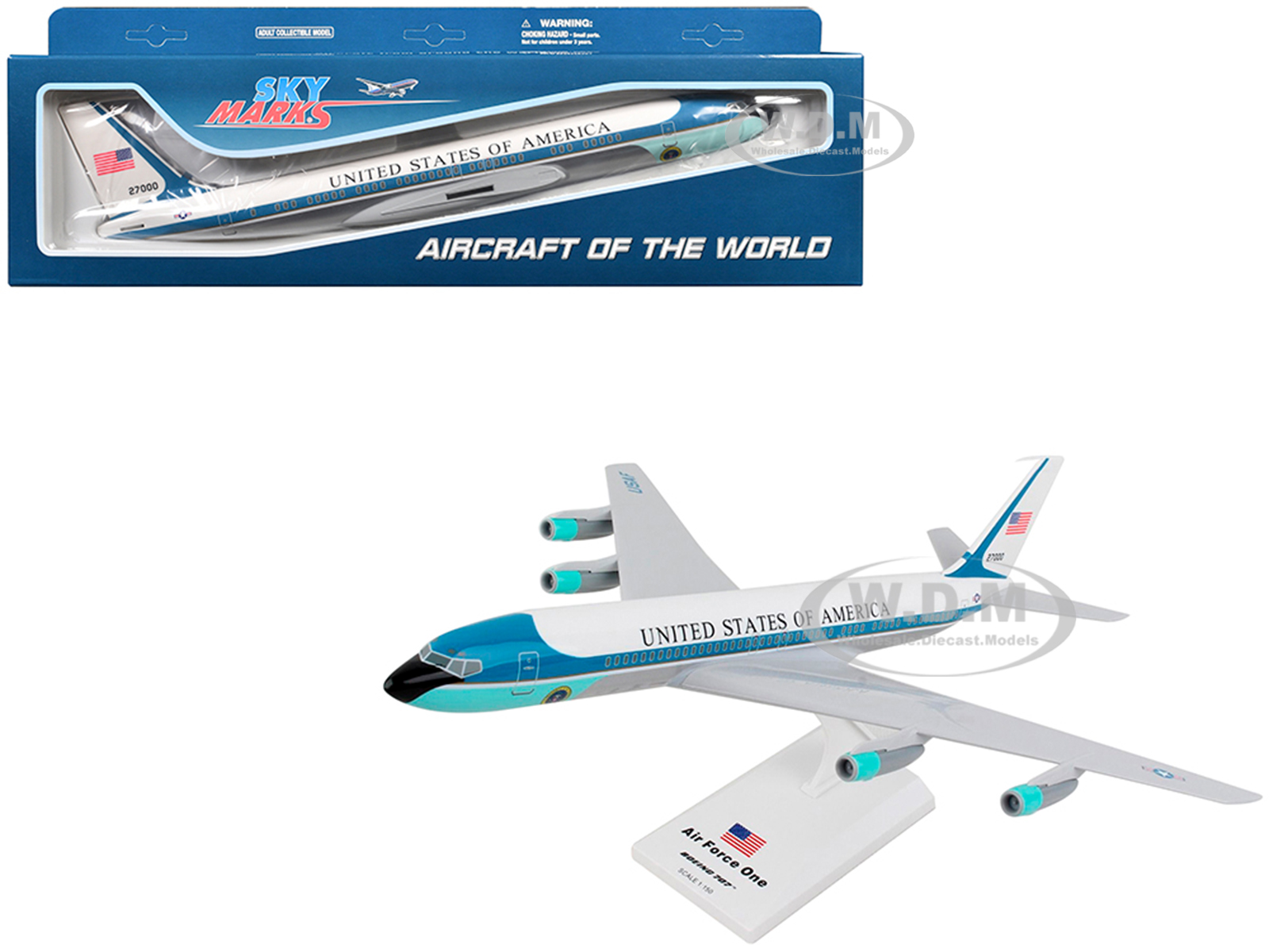 Boeing 707 Transport Aircraft "Air Force One - President of the United States" (27000) White with Blue Stripes (Snap-Fit) 1/150 Plastic Model by Skym