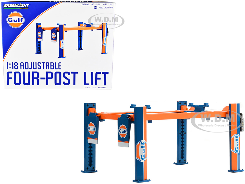 Adjustable Four Post Lift "Gulf Oil 2" Blue and Orange for 1/18 Scale Diecast Model Cars by Greenlight