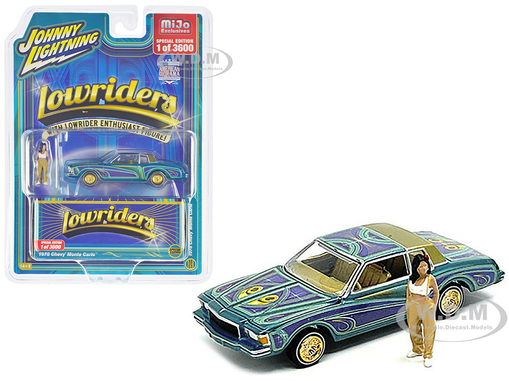 1978 Chevrolet Monte Carlo Lowrider Blue Metallic with Graphics and Gold Metallic Interior with Diecast Figure Limited Edition to 3600 pieces Worldwide 1/64 Diecast Model Car by Johnny Lightning