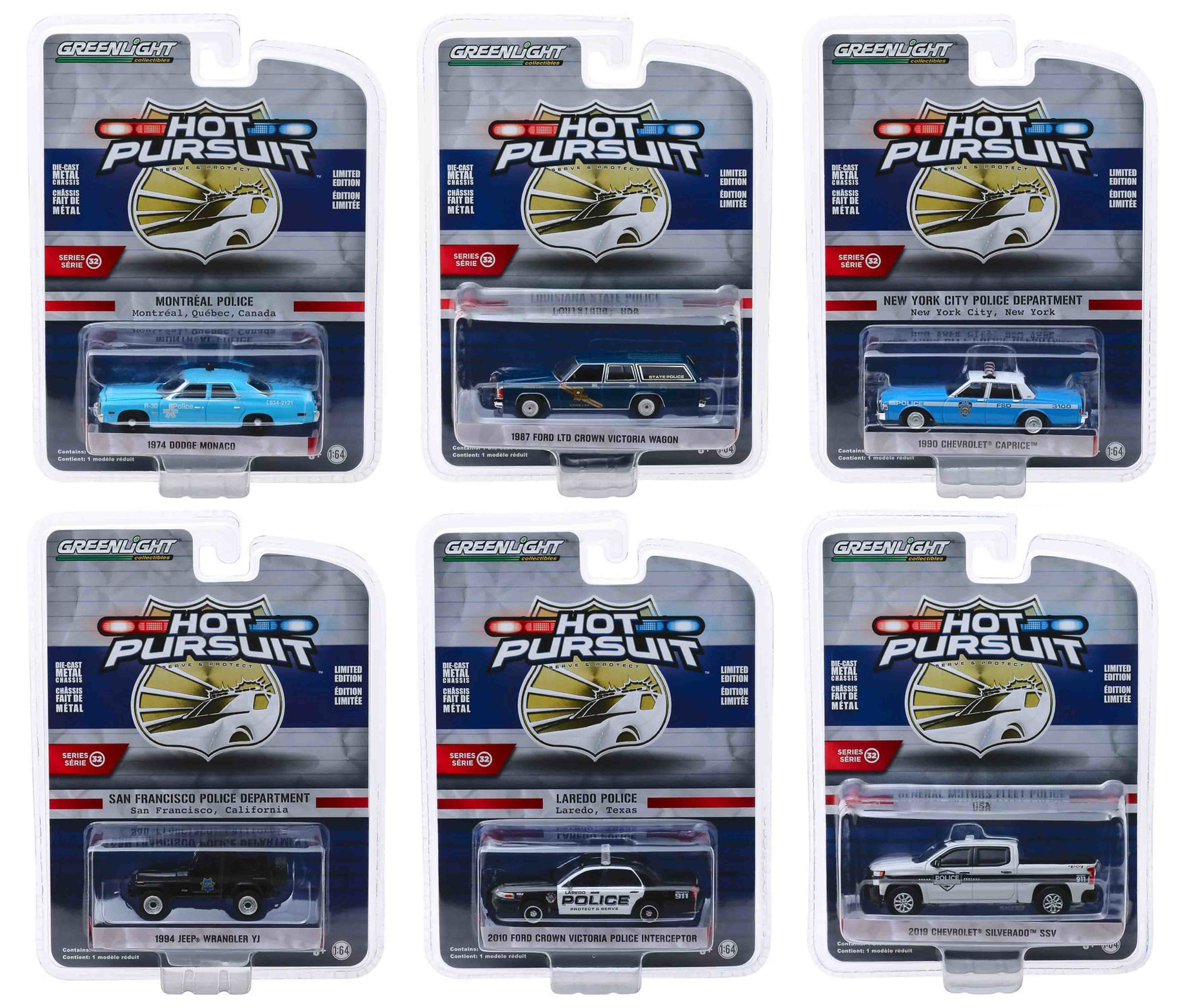 "hot Pursuit" Series 32 Set Of 6 Police Cars 1/64 Diecast Model Cars By Greenlight