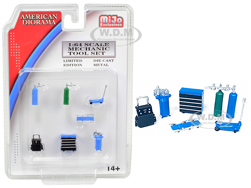 Image of Mechanic Tool Set of 7 pieces Blue for 1/64 Scale Models by American Diorama