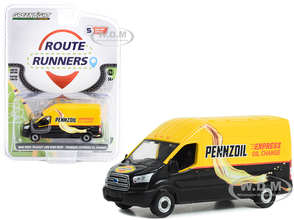 2019 Ford Transit LWB High Roof Van "Pennzoil Express Oil Change" Yellow and Black "Route Runners" Series 5 1/64 Diecast Model Car by Greenlight