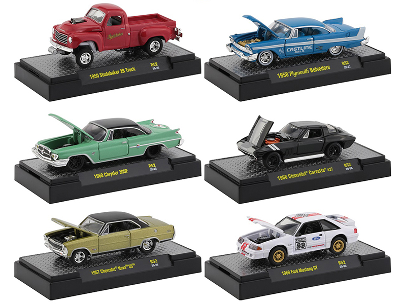 "Auto Meets" Set of 6 Cars IN DISPLAY CASES Release 52 1/64 Diecast Model Cars by M2 Machines