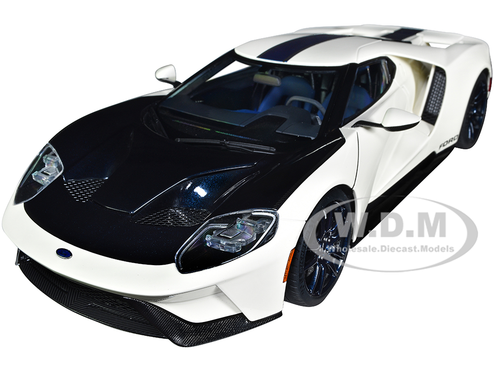 Ford GT Heritage Edition Prototype Wimbledon White with Antimatter Blue Hood and Stripe 1/18 Model Car by Autoart