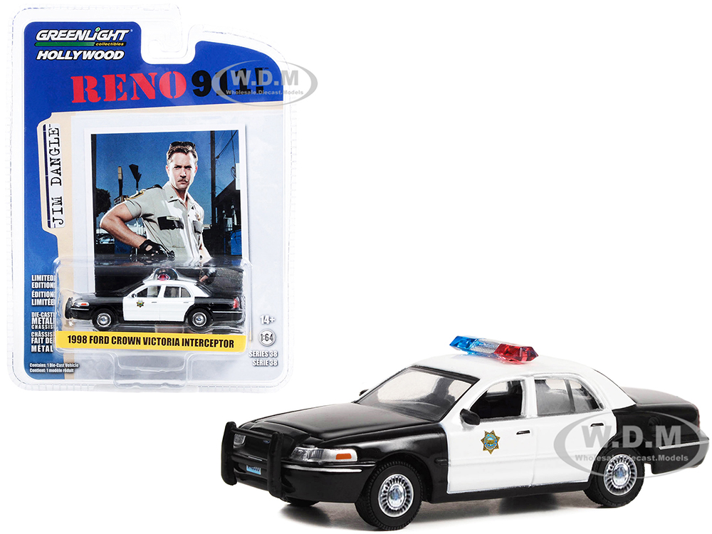 1998 Ford Crown Victoria Police Interceptor Black and White Reno Sheriffs Department Lieutenant Jim Dangle Reno 911! (2003-2009) TV Series Hollywood Series Release 38 1/64 Diecast Model Car by Greenlight