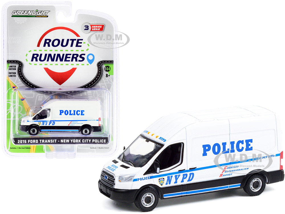 2015 Ford Transit LWB High Roof Van White NYPD (New York City Police Department) Route Runners Series 3 1/64 Diecast Model by Greenlight