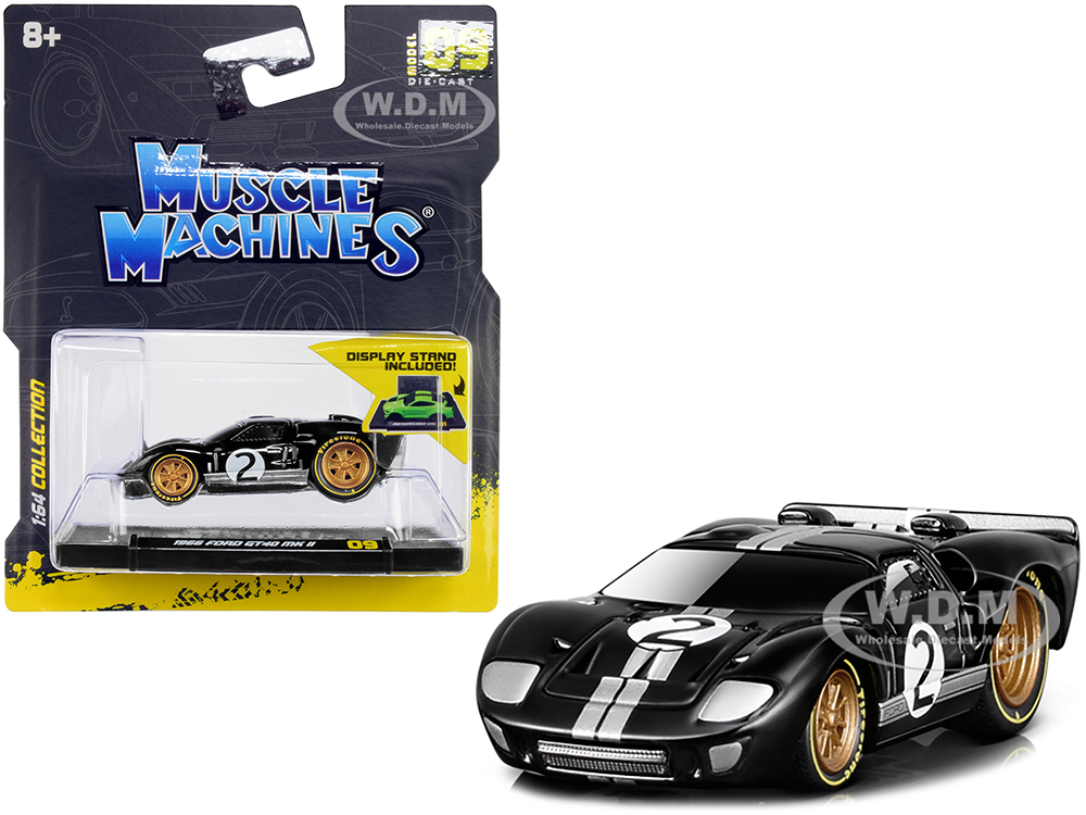1966 Ford GT40 MKII 2 Black with Silver Stripes and Gold Wheels 1/64 Diecast Model Car by Muscle Machines