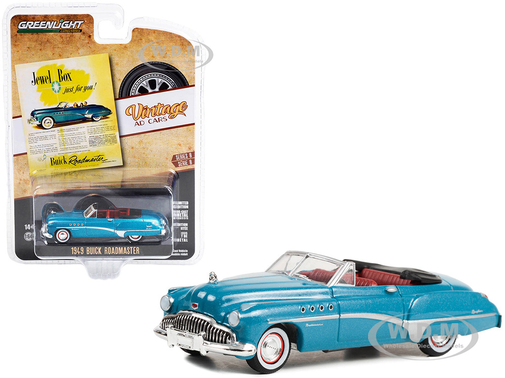 1949 Buick Roadmaster Blue Metallic with Red Interior Jewel Box Just For You! Vintage Ad Cars Series 8 1/64 Diecast Model Car by Greenlight