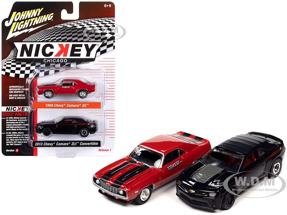 1969 Chevrolet Camaro SS Red with Black Stripes and 2013 Chevrolet Camaro ZL1 Convertible Black with Red Stripes and Interior Nickey Chicago Set of 2 Cars 2-Packs 2023 Release 1 1/64 Diecast Model Cars by Johnny Lightning