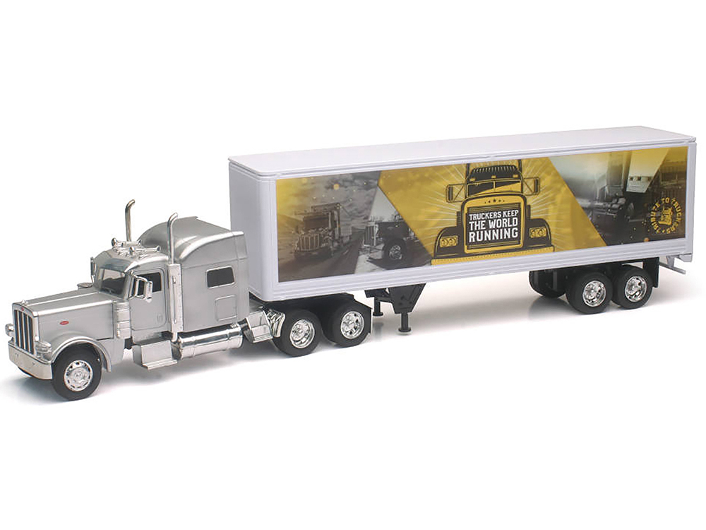 Peterbilt 389 Truck Silver Metallic with Dry Van Trailer Trucker Keep The World Running Long Haul Truckers Series 1/32 Diecast Model by New Ray