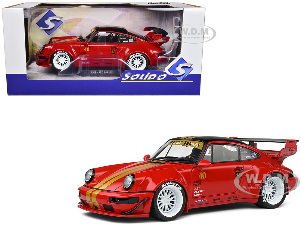 2021 RWB Bodykit #40 Red with Gold Stripes Black Top and Cherry Blossom Graphics Red Sakura 1/18 Diecast Model Car by Solido