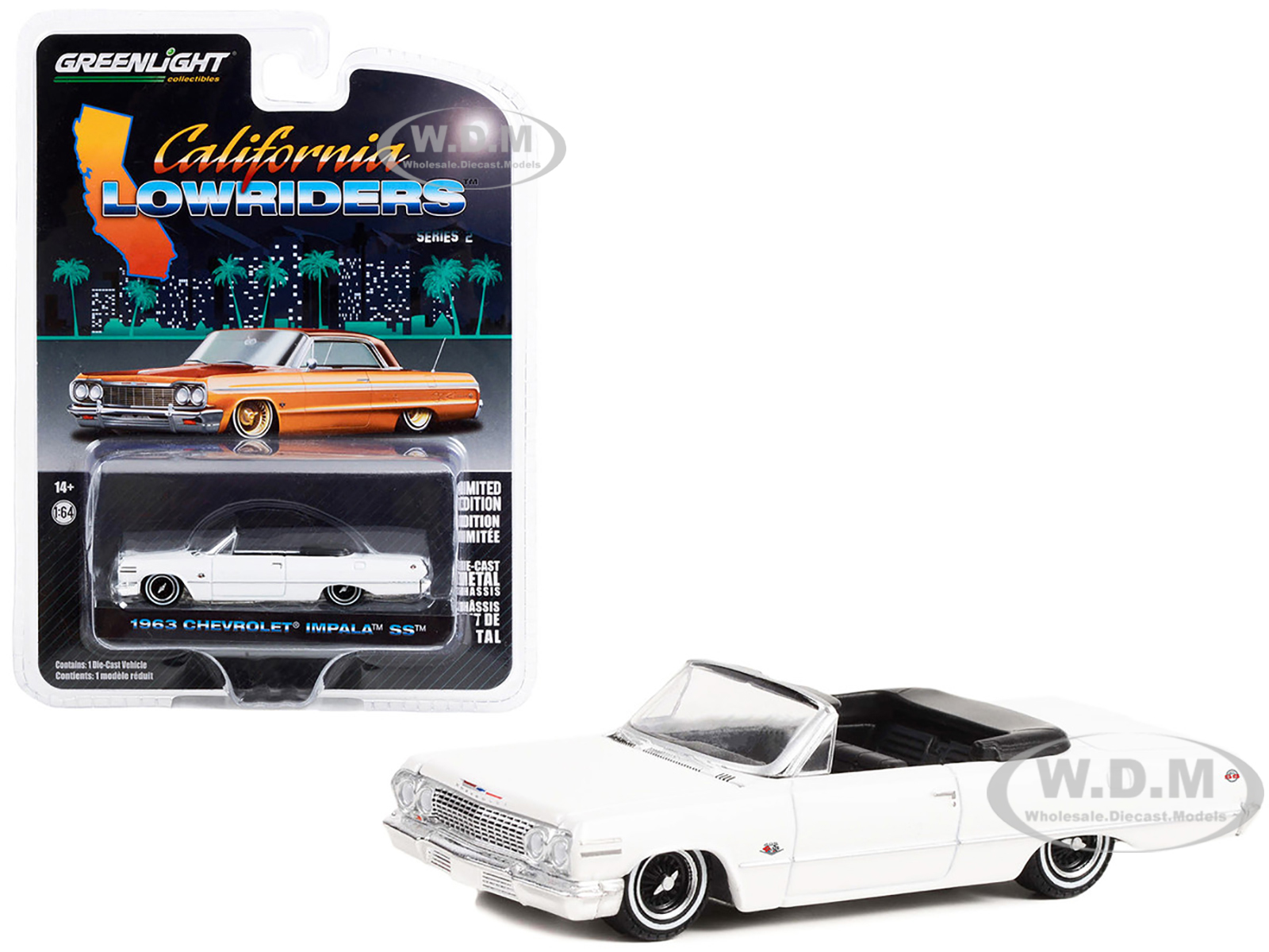 1963 Chevrolet Impala SS Convertible White California Lowriders Series 2 1/64 Diecast Model Car by Greenlight