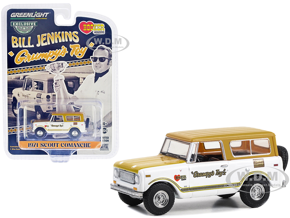 1971 Scout Comanche Grumpys Toy White With Tan Top And Hood Bill Jenkins Hobby Exclusive Series 1/64 Diecast Model Car By Greenlight