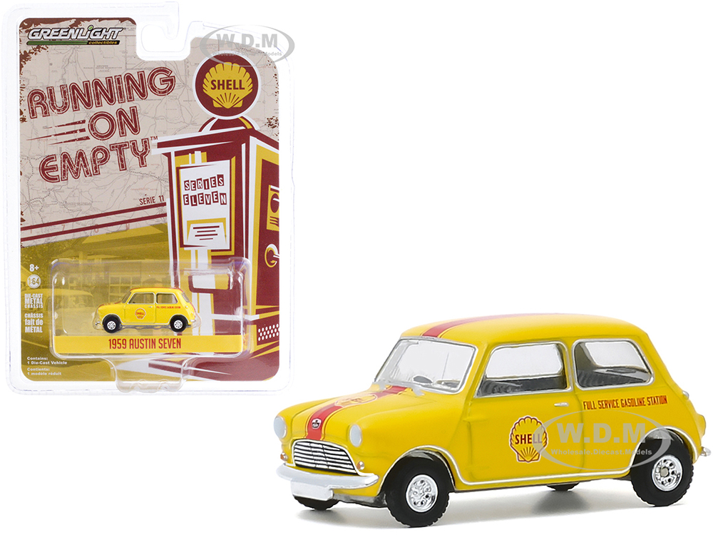 Image of 1959 Austin Seven "Shell Oil" Yellow with Red Stripe "Running on Empty" Series 11 1/64 Diecast Model Car by Greenlight