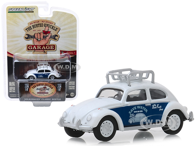 Classic Volkswagen Beetle With Roof Rack White "save Water" "busted Knuckle Garage" Series 1 1/64 Diecast Model Car By Greenlight