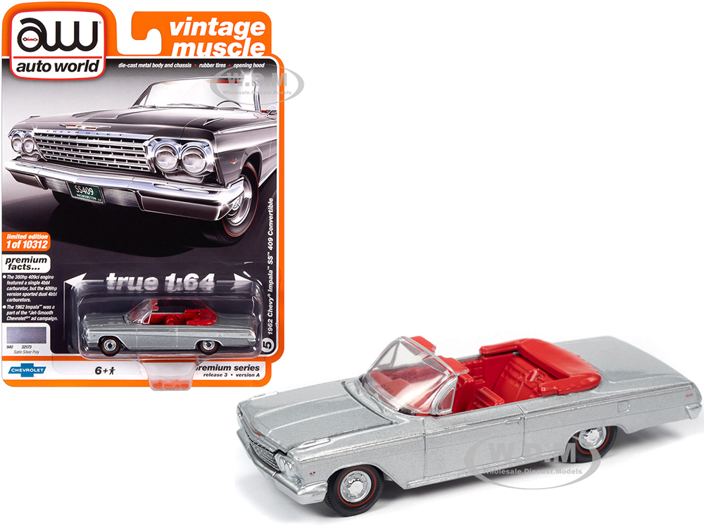 1962 Chevrolet Impala SS 409 Convertible Satin Silver Metallic with Red Interior Vintage Muscle Limited Edition to 10312 pieces Worldwide 1/64 Diecast Model Car by Auto World