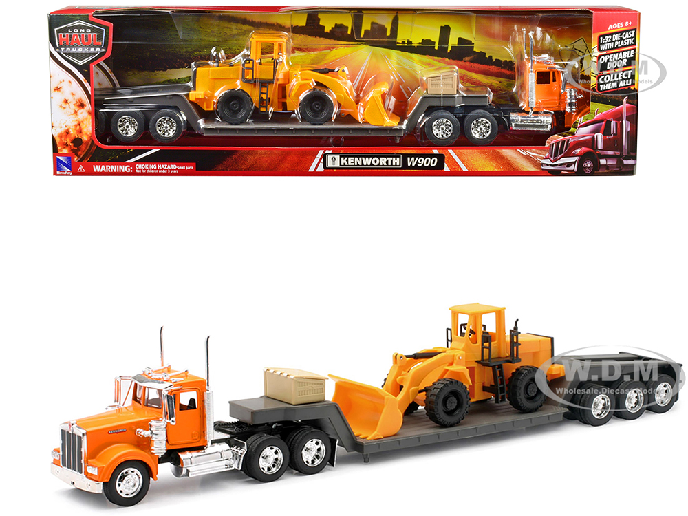 Kenworth W900 Truck with Lowboy Trailer Orange and Wheel Loader Yellow Long Haul Trucker Series 1/32 Diecast Model by New Ray