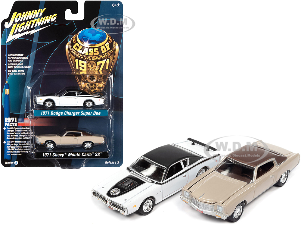 1971 Dodge Charger Super Bee White and 1971 Chevrolet Monte Carlo SS Sandalwood Brown Class of 1971 Set of 2 Cars 1/64 Diecast Model Cars by Johnny Lightning