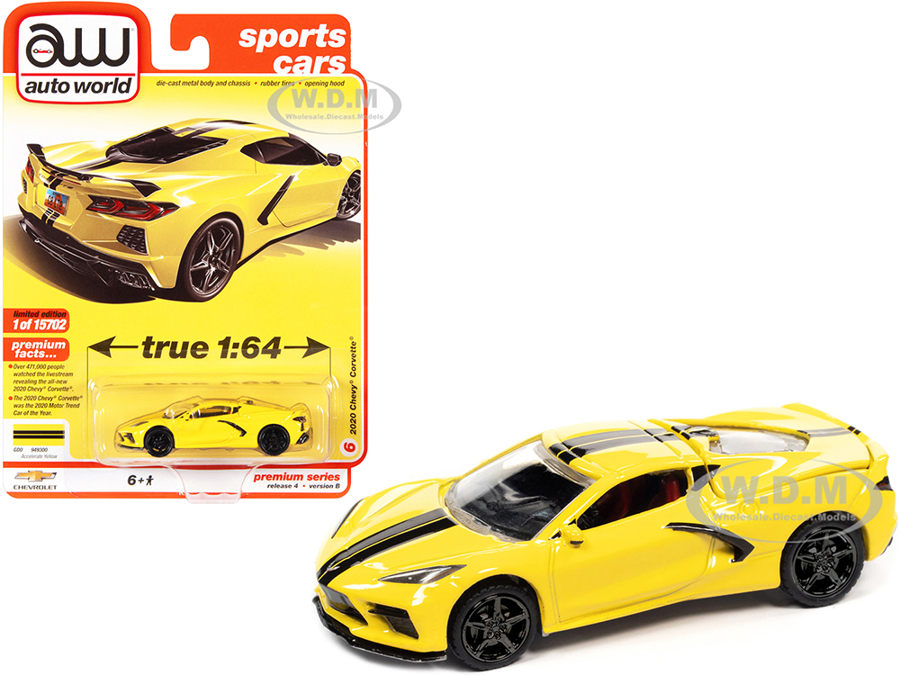 2020 Chevrolet Corvette C8 Stingray Accelerate Yellow with Twin Black Stripes "Sports Cars" Limited Edition to 15702 pieces Worldwide 1/64 Diecast Mo