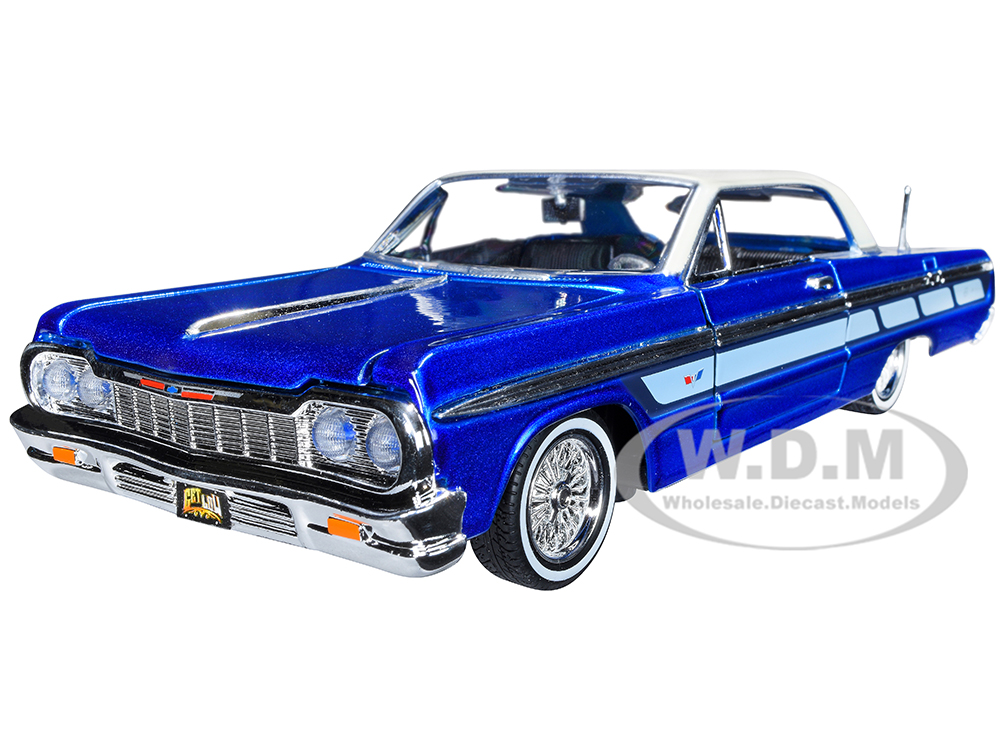 1964 Chevrolet Impala Lowrider Hard Top Candy Blue Metallic with Cream Top "Get Low" Series 1/24 Diecast Model Car by Motormax