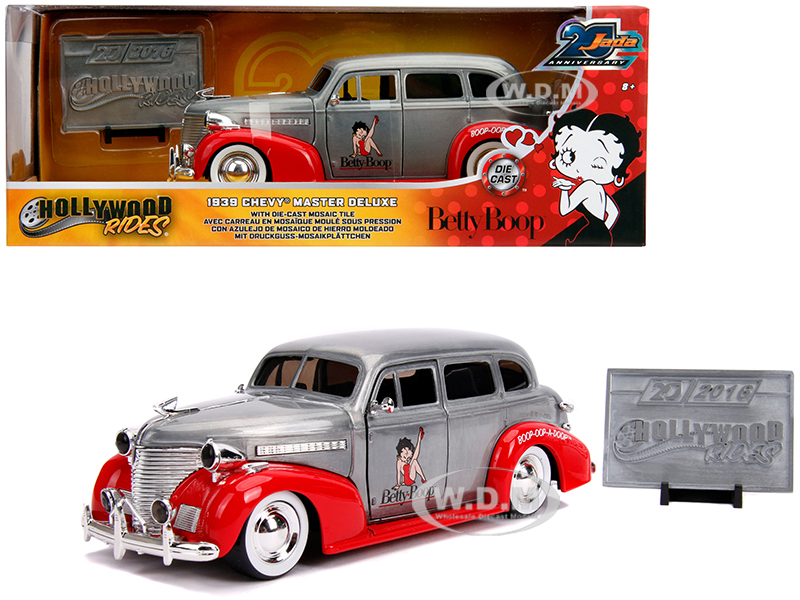 Image of 1939 Chevrolet Master Deluxe Raw Metal and Red "Betty Boop" "Hollywood Rides" "Jada 20th Anniversary" 1/24 Diecast Model Car by Jada